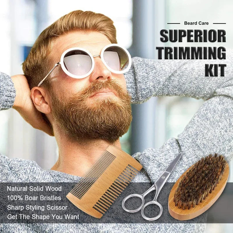 Beard Suit for Men A Set of Grooming Kit Balm with Scissor Comb Brush Growth Daily Care Barbe